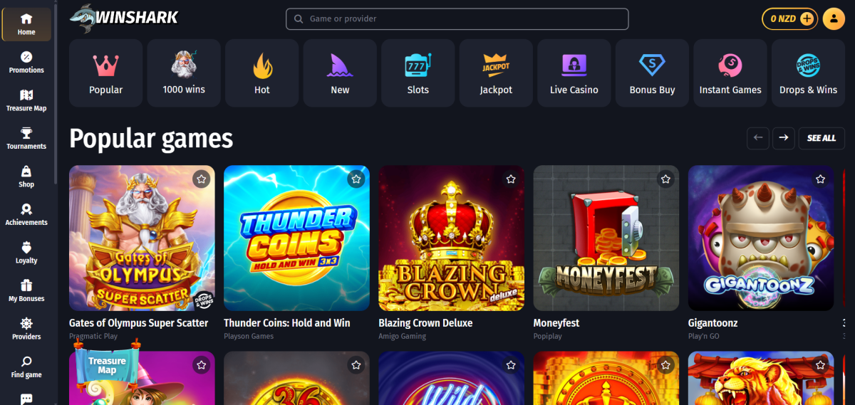 Winshark online casino desktop view with fast crypto withdrawals and shark-themed games
